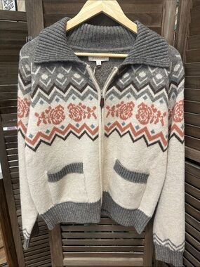 Listicle Cream, Gray & Coral Fair Isle Zip Cardigan